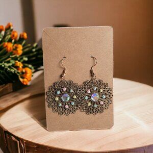 Brass Tone Filigree Dangle Rhinestone Vintage Earrings Women Jewelry Costume